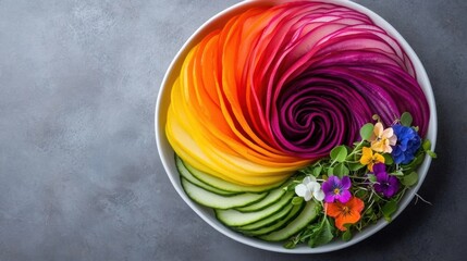 Wall Mural - A bowl of colorful vegetables arranged in a spiral shape, AI