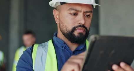 Poster - Planning, tablet and architecture with man on construction site for project management, property development and building inspection. Engineering, technology and digital blueprint with person