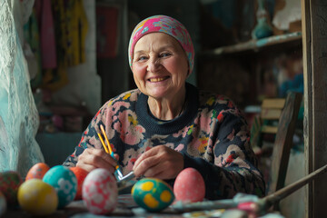 Wall Mural - A woman is painting eggs in a colorful pattern