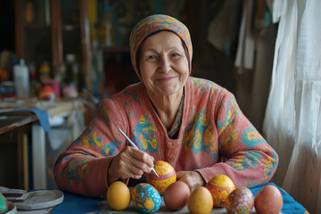 Wall Mural - A woman is painting eggs in a colorful pattern