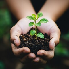 Poster - Hands holding a small green plant growing from dirt.