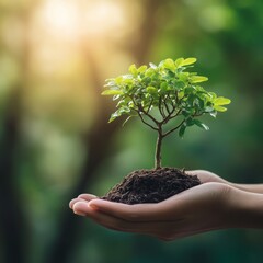 Wall Mural - Hands holding a small tree sapling with dirt and green foliage against a bright, blurred forest background.