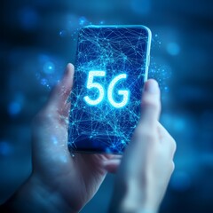 Canvas Print - Hands holding a smartphone with a glowing 5G network symbol.