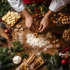 Wall Mural - Hands of a chef making Christmas cookies on wooden table with flour and Christmas decorations.