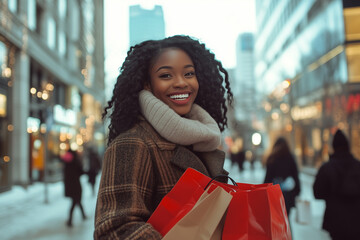 A woman with curly hair is smiling and holding two red shopping bags