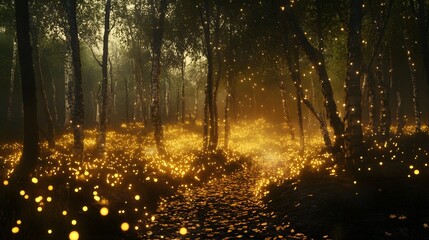 Wall Mural - A surreal forest where the trees are made of light and the ground is covered in glowing leaves