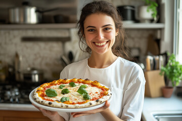 A woman is holding a pizza in a kitchen