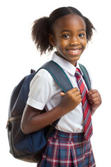 Smiling schoolgirl in uniforms with backpacks on transparent background