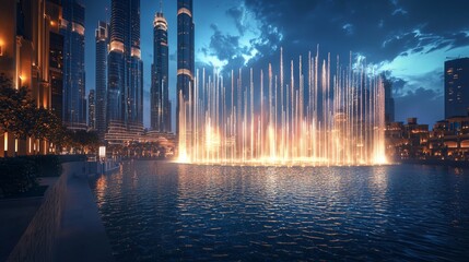 Sticker - Illuminated fountain show with skyscrapers reflecting in the water at dusk.