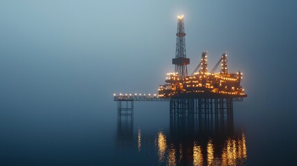 Sticker - Illuminated offshore oil rig platform at dusk.