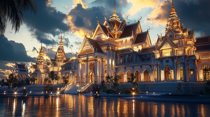 Sticker - Illuminated Palace on a Waterway at Dusk.