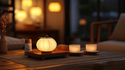 Wall Mural - Illuminated Teapot and Cups on Wooden Table.