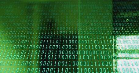 Poster - Binary code animation over shadowy figure in green background