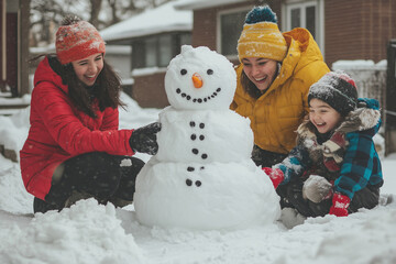 Wall Mural - A man and a child are playing in the snow, with the man holding a snowman