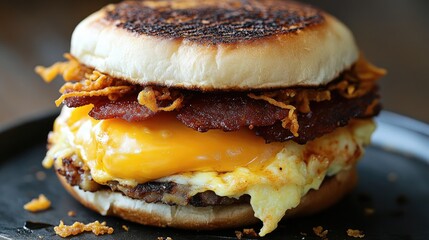 Poster - Bacon egg and cheese sandwich with a layer of chipotle mayo and crispy hash brown, all on a toasted roll, mouthwatering breakfast classic.