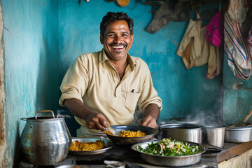 A man is smiling and cooking food in front of a blue wall