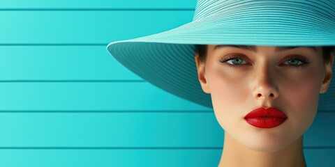 Women in blue against a blue background wearing a blue hat