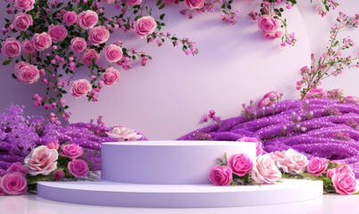 Podium background flower rose product pink 3d spring table beauty stand display nature white. Garden rose floral summer background podium cosmetic valentine easter field scene gift purple day romantic