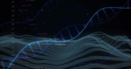 Poster - DNA strands and coding elements over abstract waves and binary data