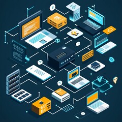 Poster - Isometric illustration of a network with laptops, servers, and other devices.