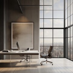 Poster - Modern office with city view, a glass table, and a leather chair.