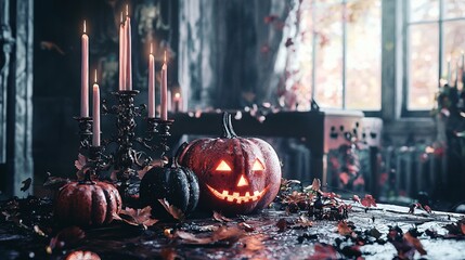 Poster - Jack-o-lantern on a table with lit candles and scattered autumn leaves.