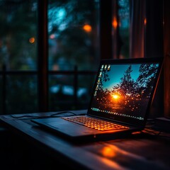 Sticker - Laptop with a sunset screen saver on a table by a window.