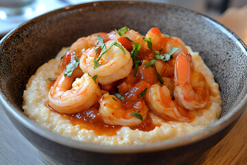 A bowl of shrimp served over creamy grits, garnished with herbs.