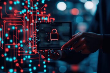 Leinwandbilder - Cybersecurity concept with digital padlock icon on tablet, representing data protection and secure technology in a digital world.