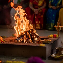 Wall Mural - Indian Vedic fire ceremony Pooja. A ritual rite for many religious and cultural holidays and events in the Indian tradition, Hindu wedding vivah Yagya