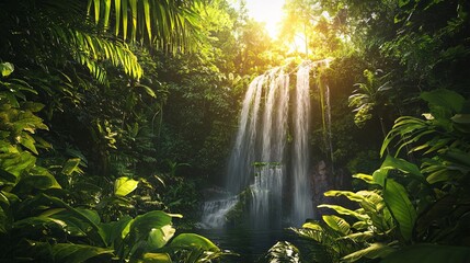 Poster - Lush green rainforest waterfall with sunlight streaming through foliage.