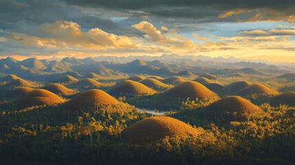 Wall Mural - Lush green valley with rows of rolling hills under a cloudy sky.