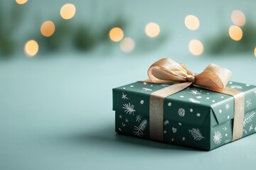 Elegant green gift box with gold ribbon on festive bokeh background, perfect for holiday celebrations, birthdays, and special occasions.