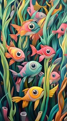 A Colorful Abstract Depiction of Fish Among Lush Green Aquatic Plants