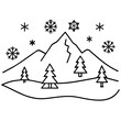 © SVG OSA - a simple black and white line drawing of a winter mountain scene. In the center, there is a large mountain with a jagged peak. In front of the mountain, there are several pine trees of varying sizes.