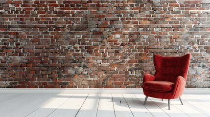 Poster - Red chair against white floor with brown brick wall behind