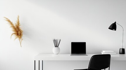 Poster - Clean and modern office setup with a white desk, black chair, and a minimal decorative item on the shelf, perfect for a minimalist design concept.