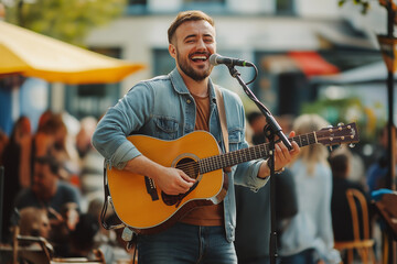 A man is playing a guitar in front of a crowd