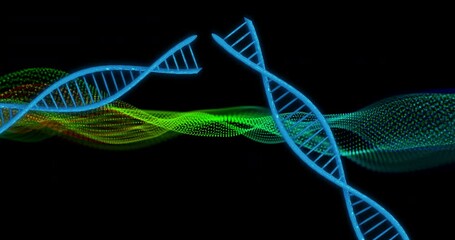 Poster - DNA strands and data waves, scientific animation over black background