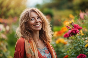 Wall Mural - A woman with long brown hair is smiling in a field of flowers