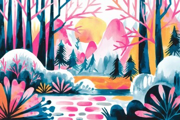 A vibrant illustration of a colorful winter landscape with trees and mountains. Concept of relaxation and leisure