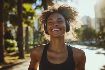 Wall Mural - A woman wearing headphones and smiling