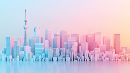 Wall Mural - Minimalist 3D rendering of a city skyline with pastel pink and blue gradient background.