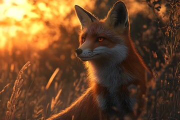 Wall Mural - Red Fox relaxing in the field at Sunset