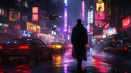Poster - Retro-style robot walking in a futuristic cityscape filled with neon signs and flying cars in a vibrant 80s-inspired aesthetic Large space for text in center Stock Photo with copy space