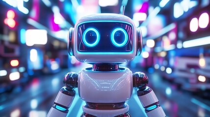 Poster - Retro-style robot walking in a futuristic cityscape filled with neon signs and flying cars in a vibrant 80s-inspired aesthetic Large space for text in center Stock Photo with copy space