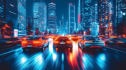 Poster - Vintage cars modified with electric power speeding through a futuristic cityscape with towering skyscrapers and neon lights Large space for text in center Stock Photo with copy space
