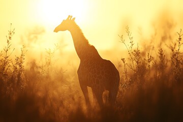 Wall Mural - Silhouette of Giraffe in the Field at Sunset