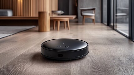 Aufkleber - Living room in 60s style with futuristic home automation devices like a robot vacuum and voice-controlled lighting Large space for text in center Stock Photo with copy space