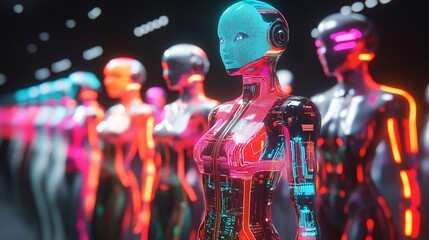 Poster - Retro-futuristic fashion designs on display in a high-tech fashion show runway with neon lights and robotic assistants Large space for text in center Stock Photo with copy space